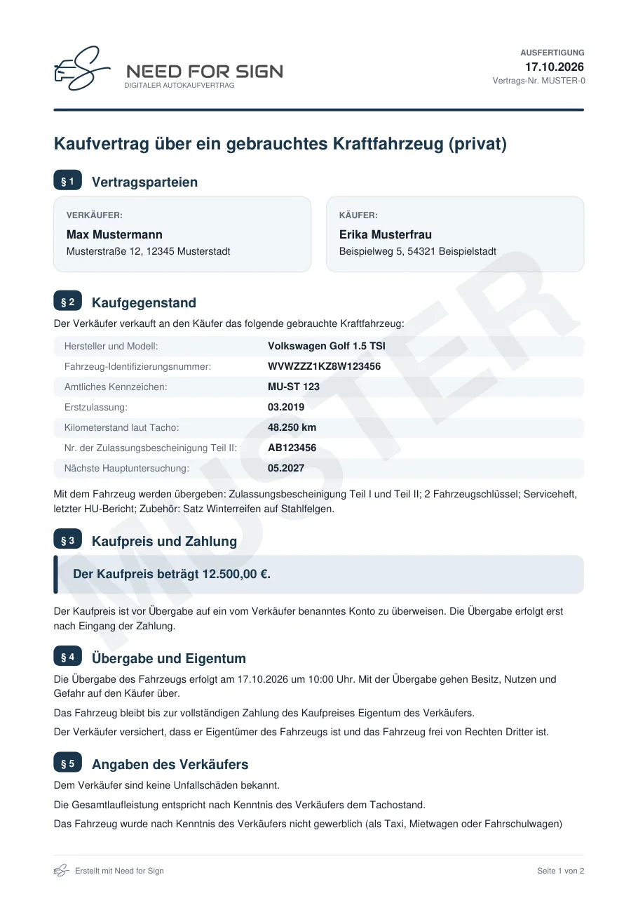 Muster-Kaufvertrag, Seite 1: Vertragsparteien, Kaufgegenstand, Kaufpreis und Zahlung, Übergabe und Eigentum, Angaben des Verkäufers
