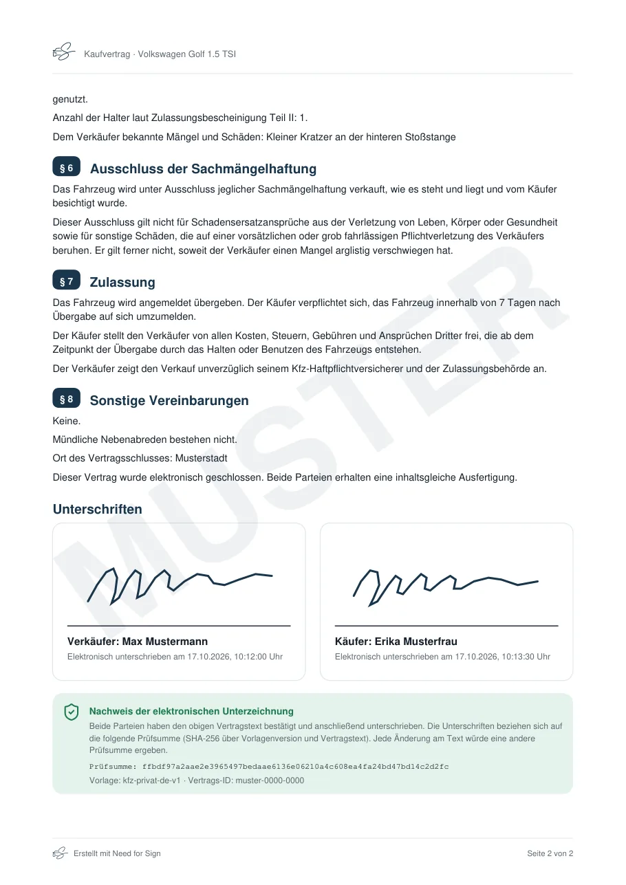 Muster-Kaufvertrag, Seite 2: Ausschluss der Sachmängelhaftung, Zulassung, sonstige Vereinbarungen, Unterschriften und Prüfsumme
